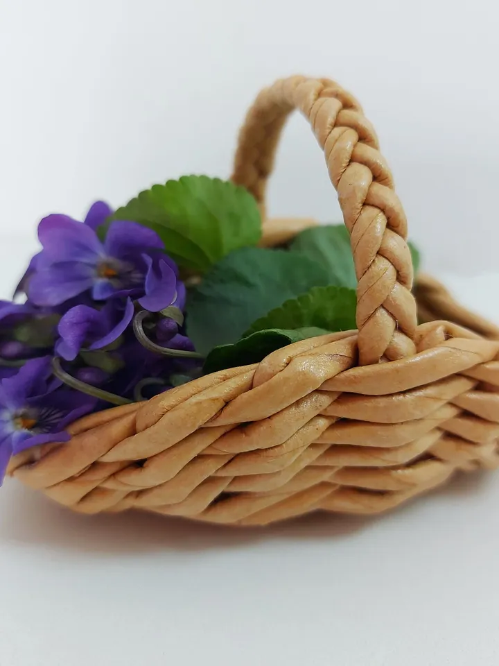 Small wicker flower basket. Dollhouse accessory. Handmade doll basket