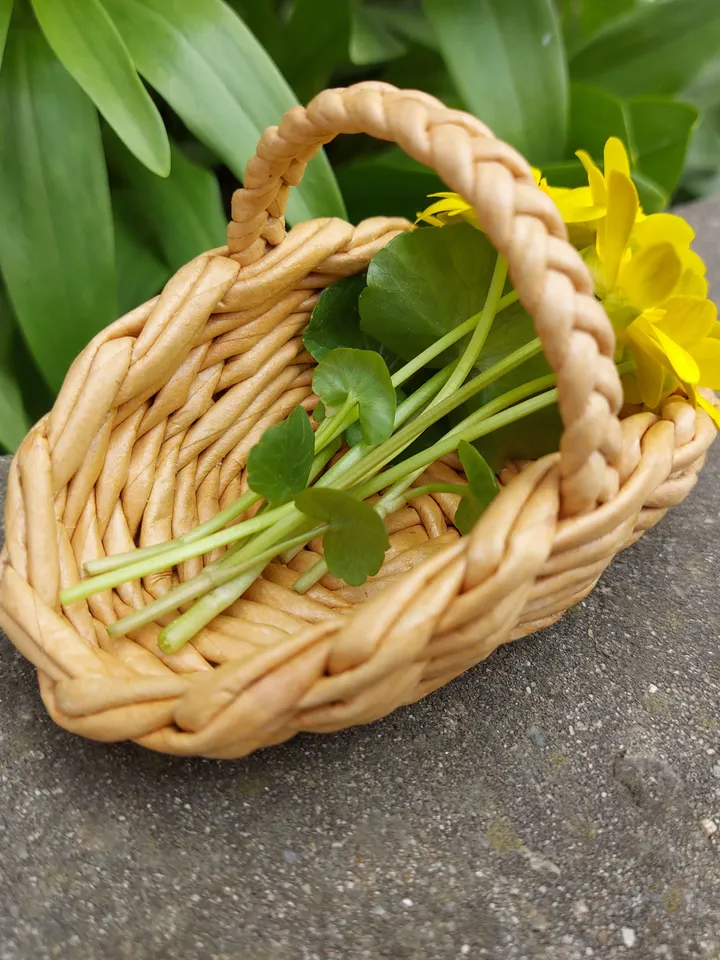 Small wicker flower basket. Dollhouse accessory. Handmade doll basket