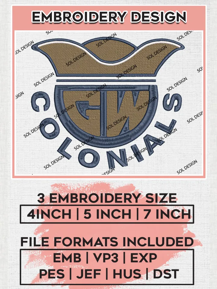NCAA George Washington Colonials Team Logo Embroidery Design Files, NCAA George Washington Colonials Machine Embroidery, NCAA Teams, 3 sizes, NCAA Machine embroidery designs, Digital Download