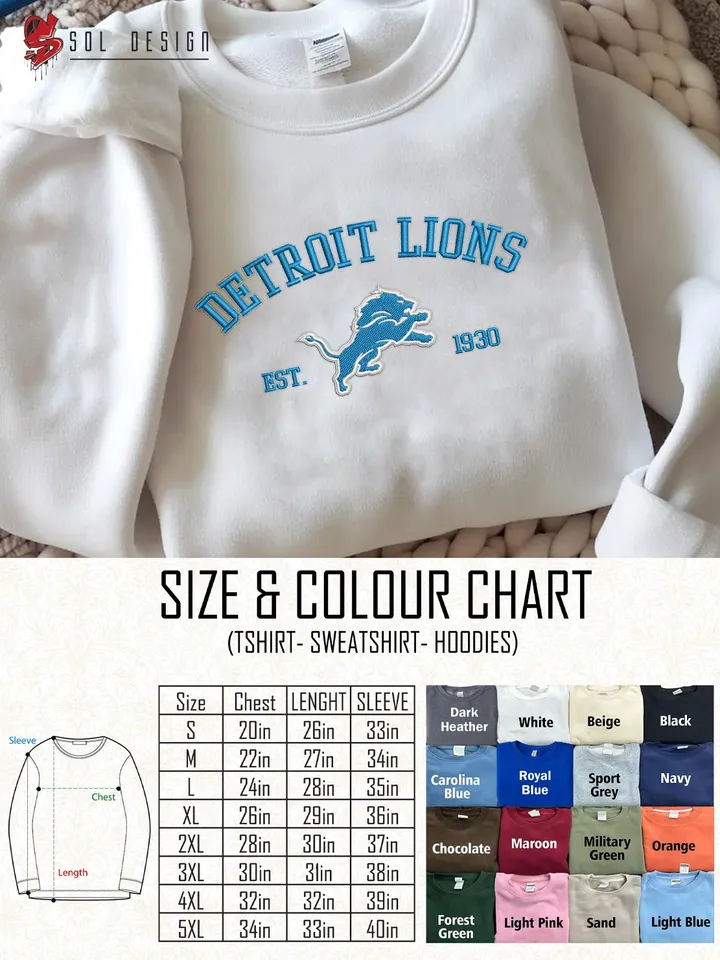 NFL Detroit Lions Est 1930 Embroidered Sweatshirt, NFL Detroit Lions Team Embroidered Shirt, Unisex Game Day Crewneck, Football Fan Gift Tee