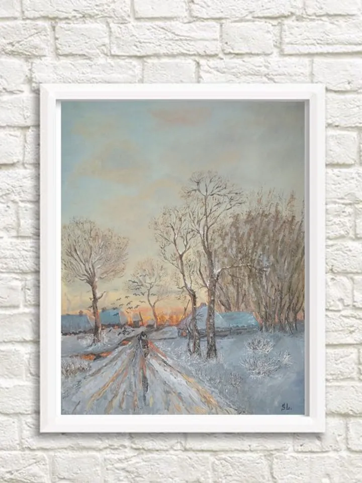 Landscape Oil Painting Last Snow, Thaw, Sunset Handmade Wall Art Reproduction 20x16 Inches