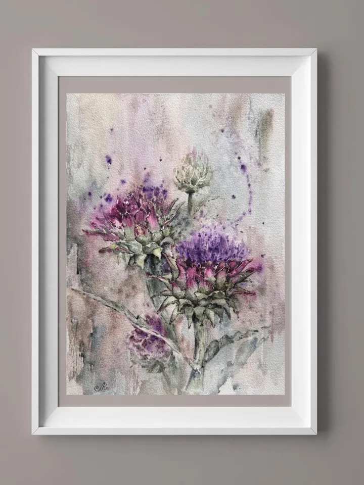 Artichoke Art Flowers Original Painting Wildflowers Wall Art  Meadow Painting
