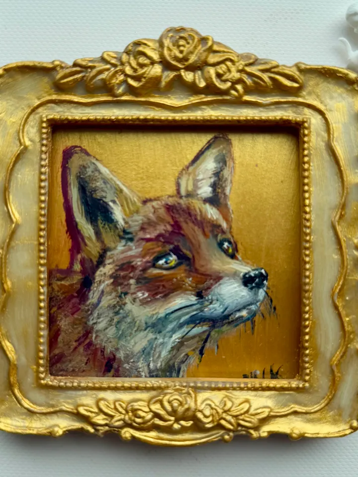 Fox Oil Painting Original In Vintage Style Frame Small Framed Animals Wildlife Art