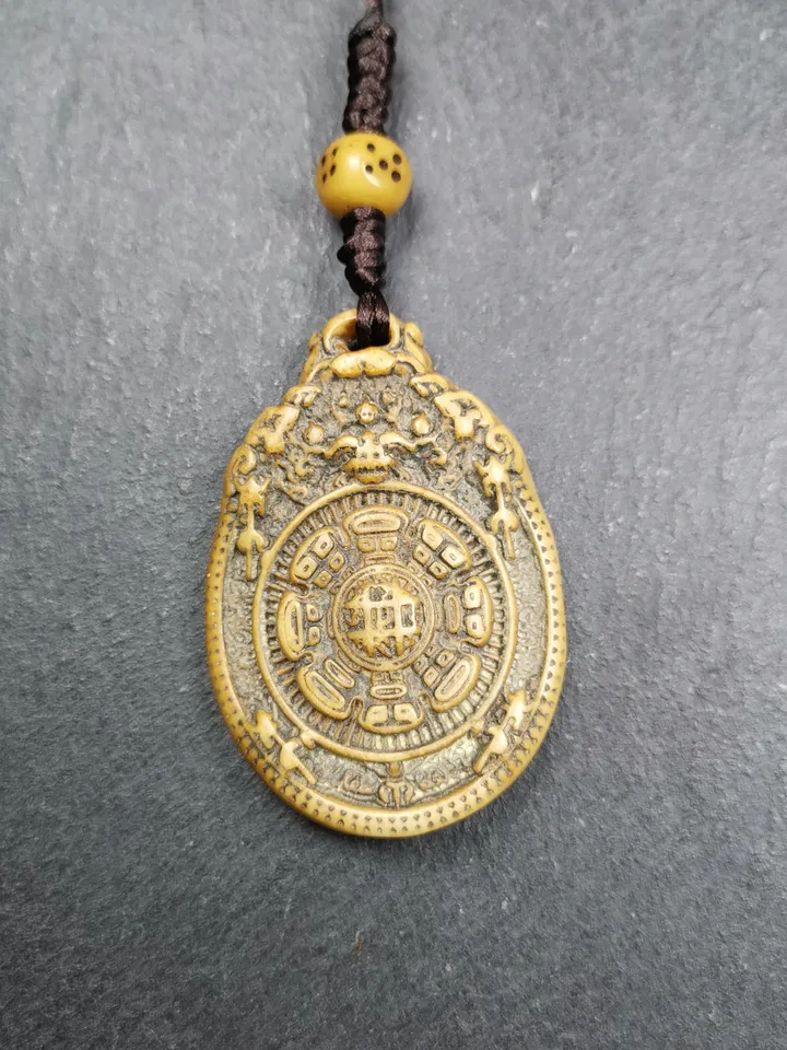 Gandhanra Antique Tibetan Buddhist Calendar Amulet,Yak Bone Carved Melong Mirror,SIPAHO(srid pa ho) Badge,1.46 inches, 20 Years Old