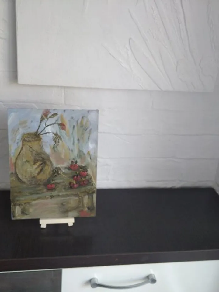 Oil painting with autumn apples and jug on table in garden, original painting on cardboard 10x7 inches