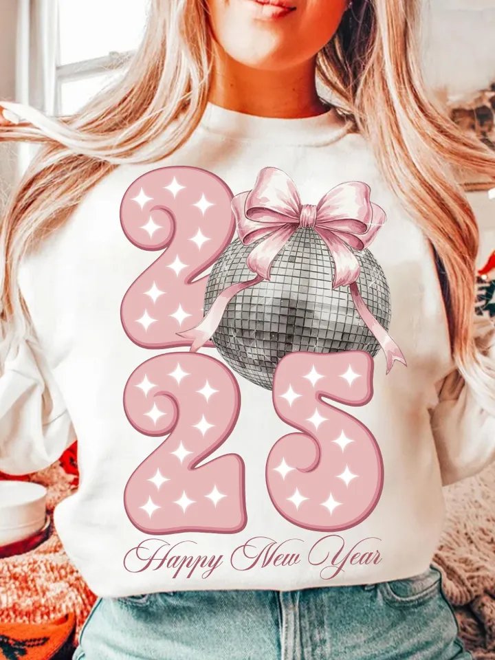 Happy New Year 2025 Png, Disco Ball New Year's PNG, Retro Happy New Year Sublimation, Trending Disco Ball, Pink Bow New Year Sublimination