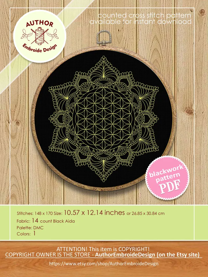 Flower of life mandala blackwork pattern PDF Floral mandala hand embroidery download PDF, Monochrome backstitch chart Mandala ornament #W23