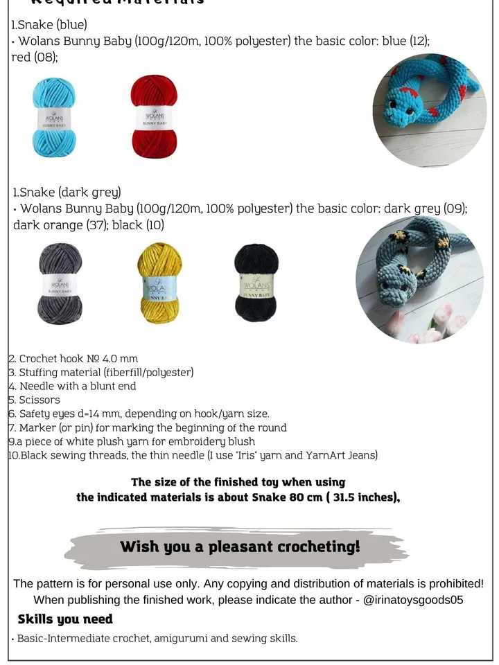 Snake plush crochet pattern No sew do it yourself Amigurumi tutorial PDF in English