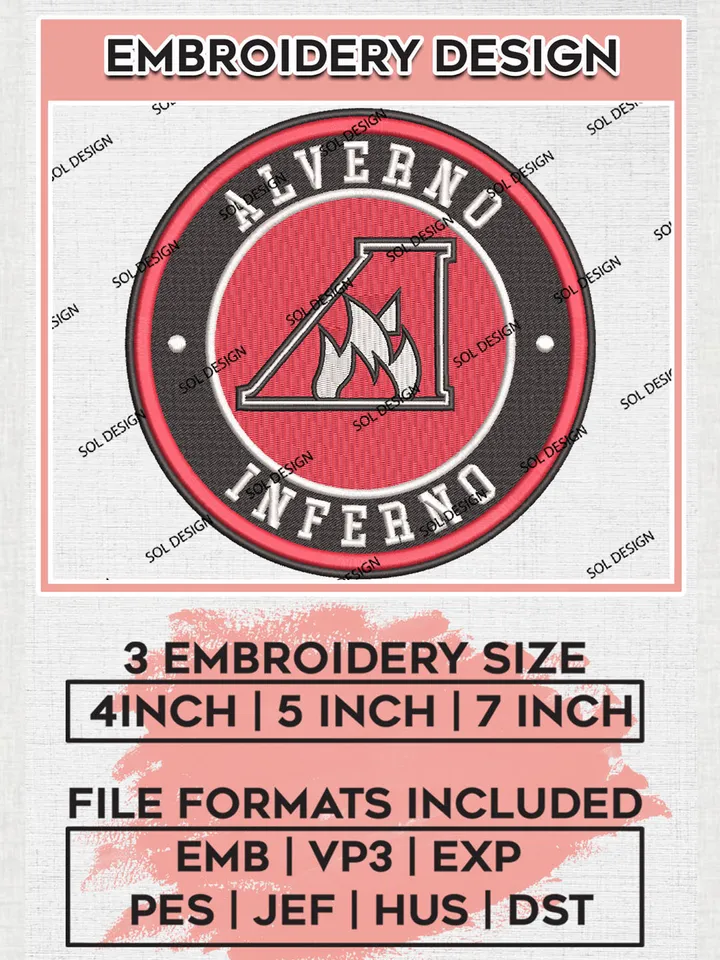 NCAA Alverno Inferno Team Round Logo Embroidery Design Files, NCAA Alverno Inferno Machine Embroidery, NCAA Teams, 3 sizes, NCAA Machine embroidery designs, Digital Download