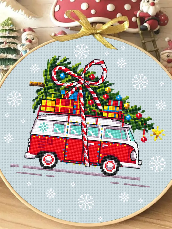 Christmas tree van cross stitch pattern download PDF Holiday hand embroidery Red truck christmas cross stitch Christmas pattern digital #N19