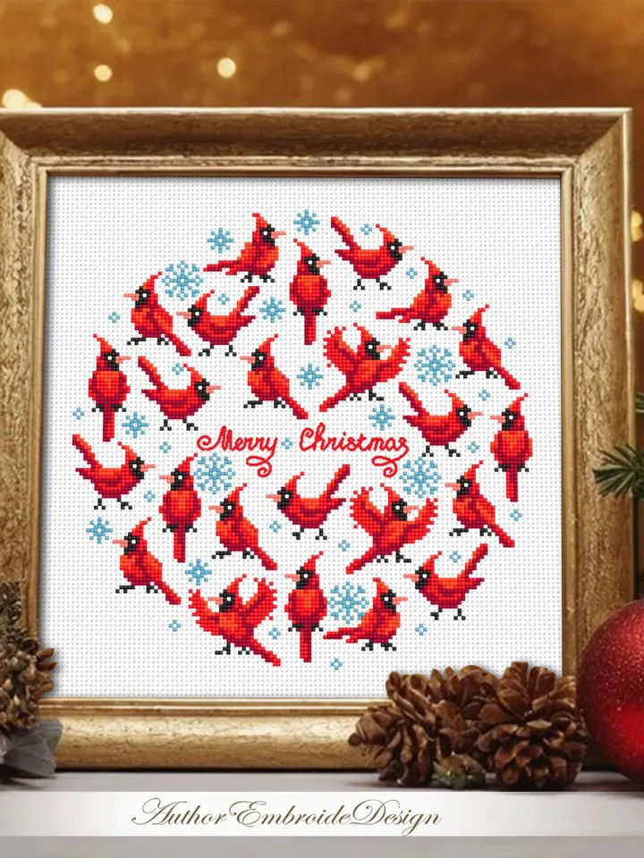 Christmas cardinal cross stitch pattern PDF download Red bird cross stitch chart, Merry Christmas pattern digital PDF, Cardinal decor #N164