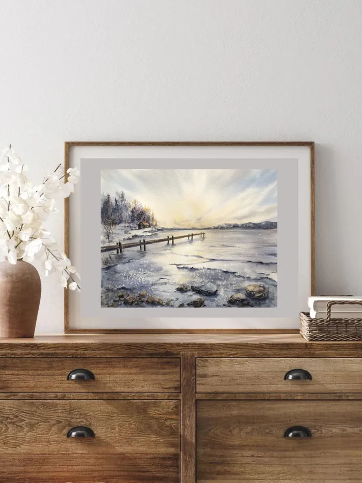 Landscape Original Watercolor Painting Sunset Art Lake Painting