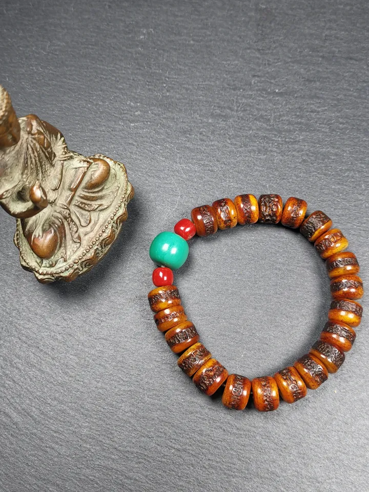Gandhanra Handmade Tibetan Yak Bone Wrist Mala + Turquoise Bead Bracelet, Hand-carved Amulet Bracelet,for Meditation and Prayer