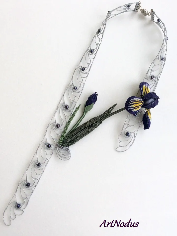 Asymmetrical Art Nouveau Water Iris Macrame Necklace