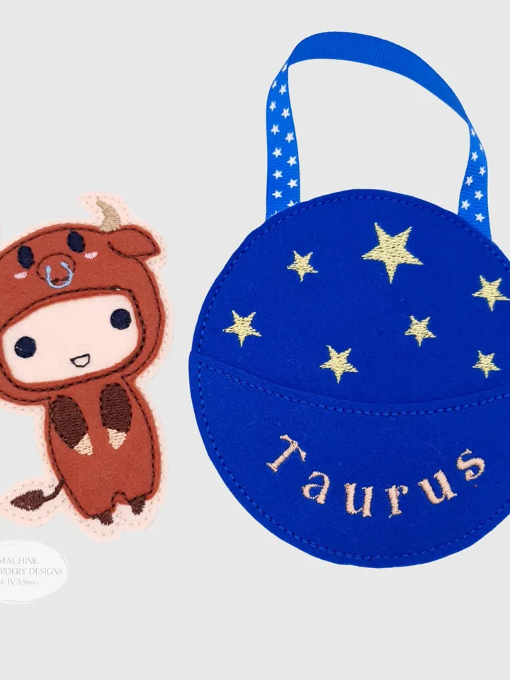 ITH Taurus Zodiac Finger Puppet & Bag Embroidery Design, Bull Star Sign Toy, 4x4 Hoop Christmas Ornament File