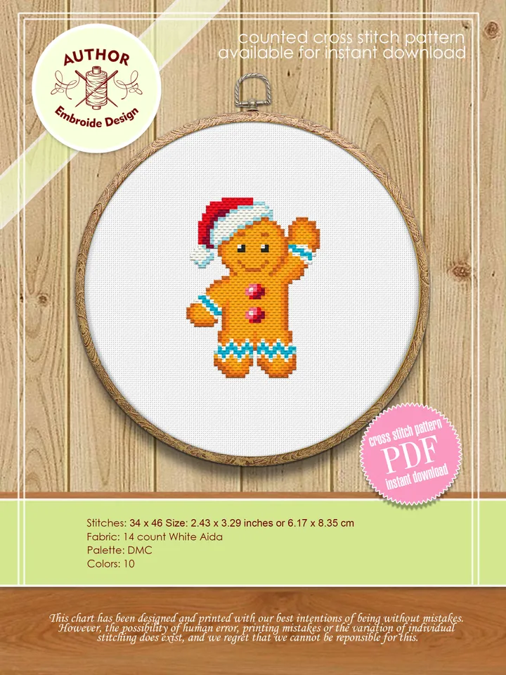 Small Christmas cross stitch pattern download PDF Cute gingerbread man cross stitch Christmas pattern digital Winter holiday embroidery #N9