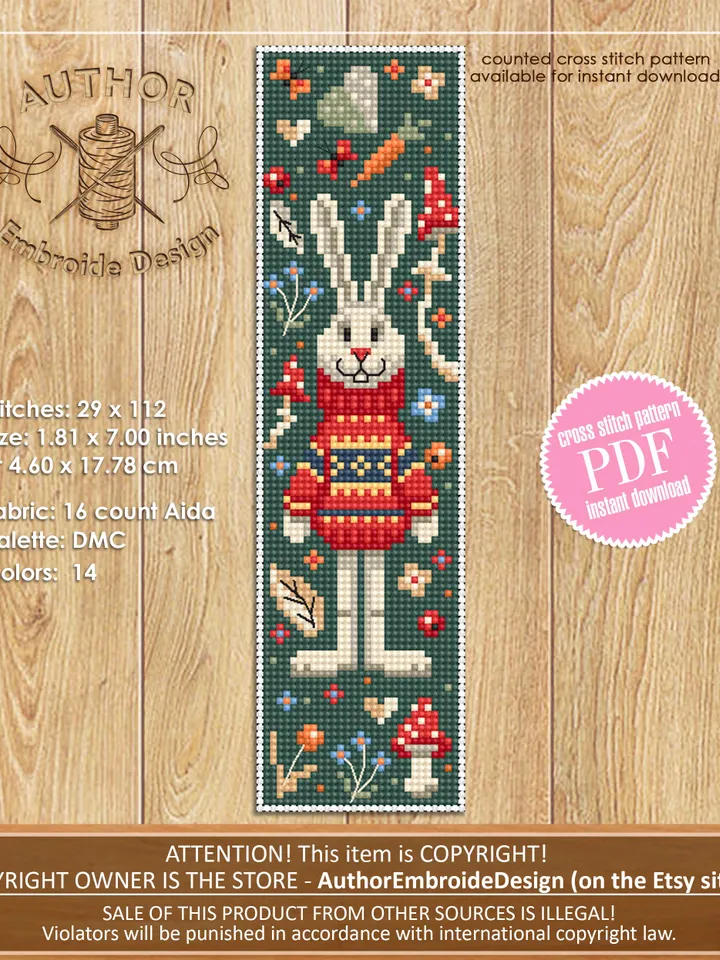Animal bookmark cross stitch pattern PDF download Scandinavian folk rabbit cross stitch chart, Autumn bookmark pattern digital PDF #B428