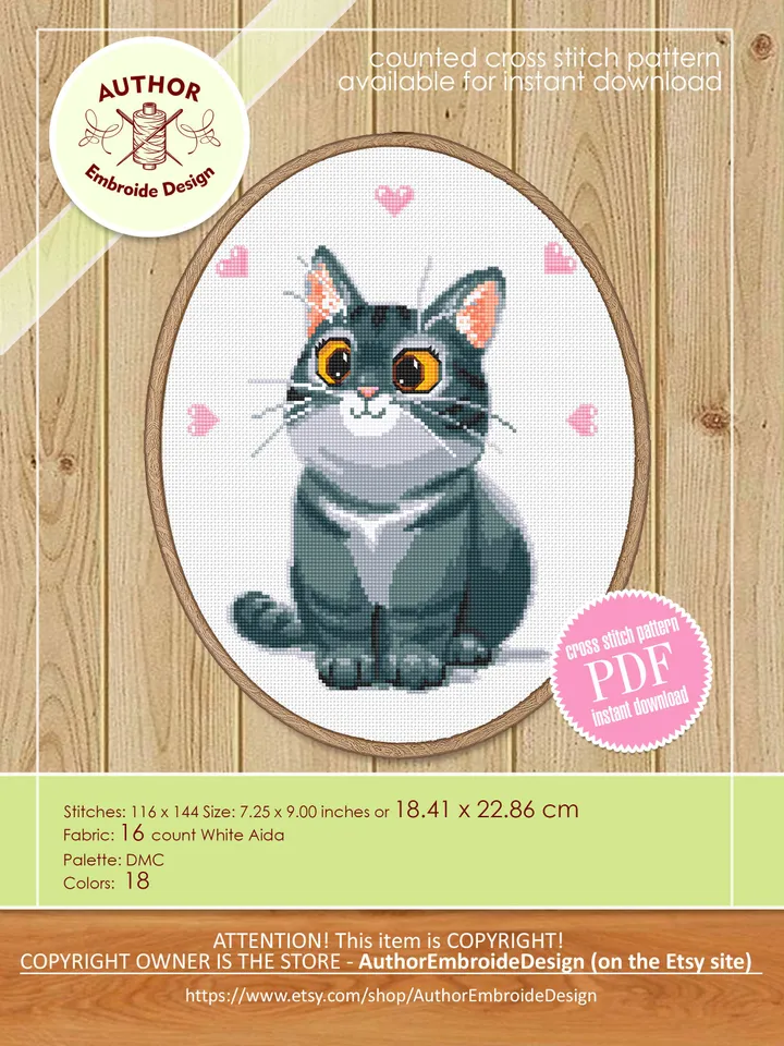 Cute gray cat cross stitch pattern download PDF Animal cross stitch chart, Cat hand embroidery PDF, Easy cross stitch Gift for cat lover #K3