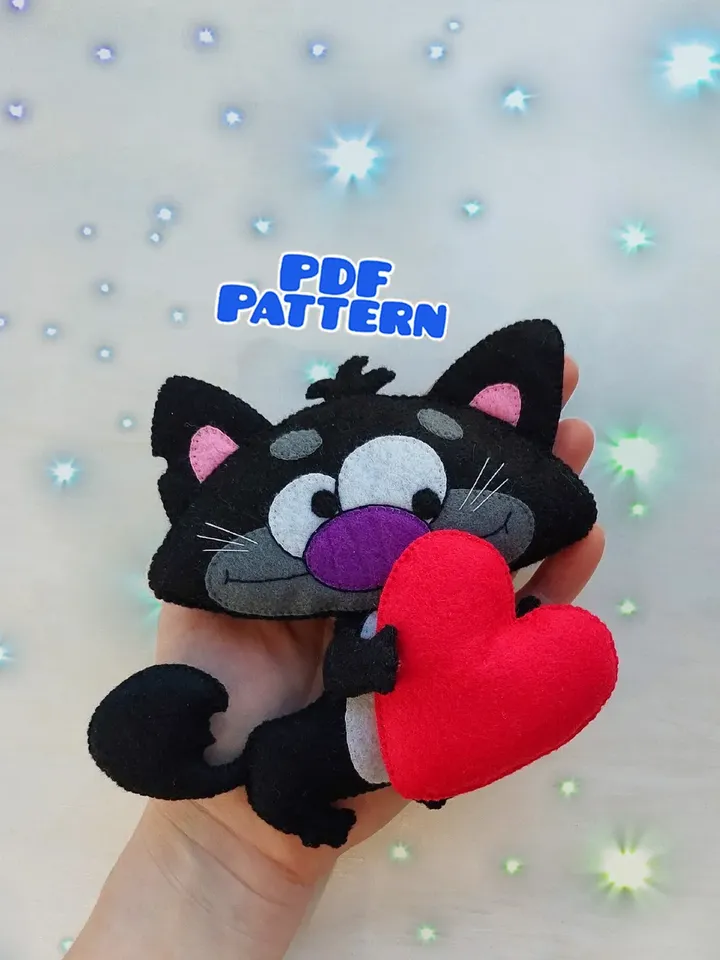 Felt cat pattern Valentine card Felt cat ornament Felt toy pattern PDF