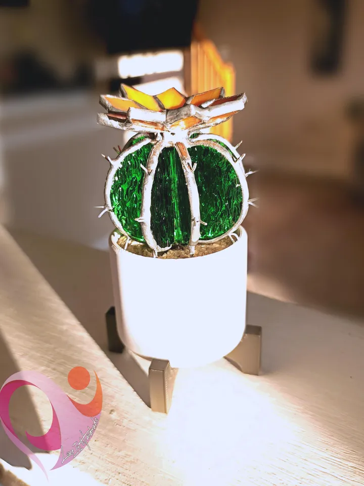 Stained Glass Cactus Suncatcher in White Pot with Stand - Cute Miniature Barrel Cactus with Flower
