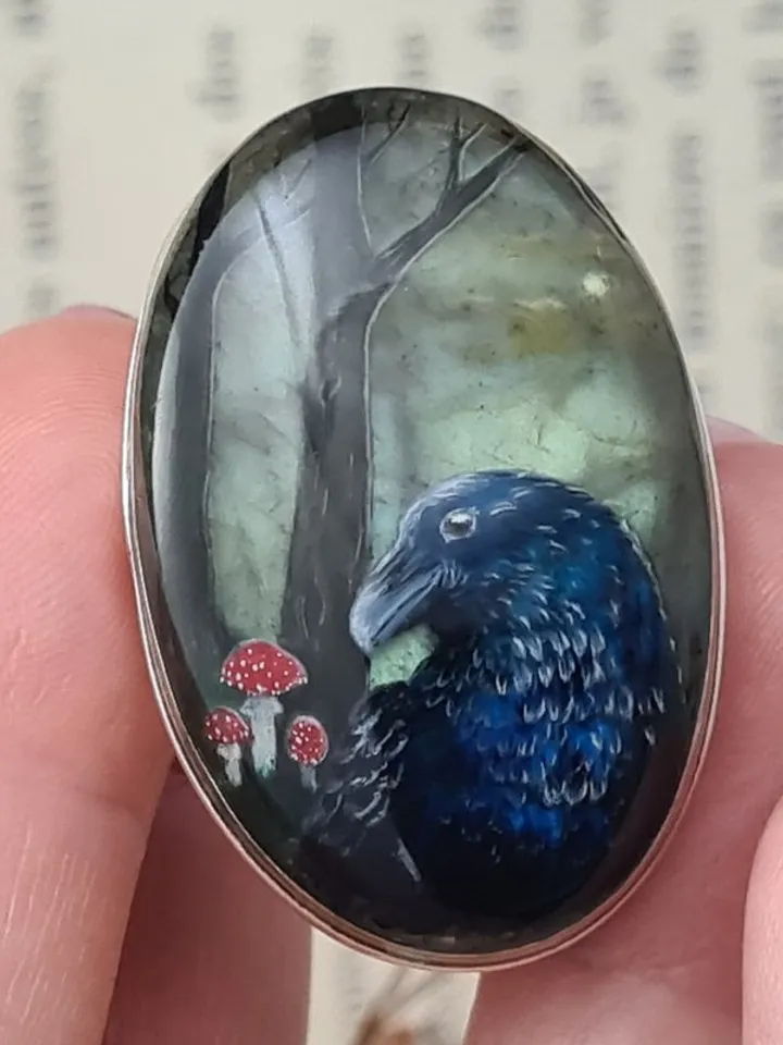 Raven ring Labradorite ring Stone painting Aaa large labradorite crow ring