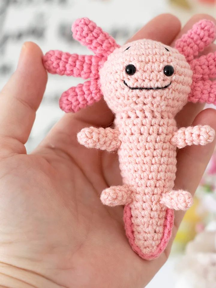 Cute pink stuffed axolotl doll water dragon, crochet mexican salamander handmade soft toy sea animal kawaii gift keychan