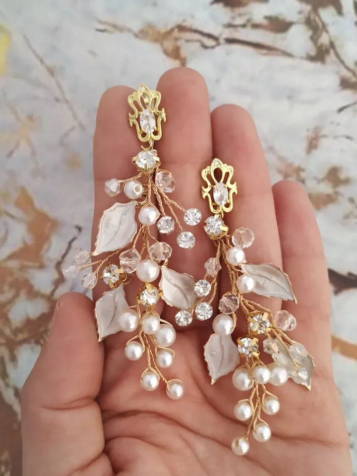 Pearl Rose Gold Wedding Earrings Swarovski Crystal Wedding Earrings Chandelier Earrings Bohemian Floral Leaf Bridal Earrings Long Earrings