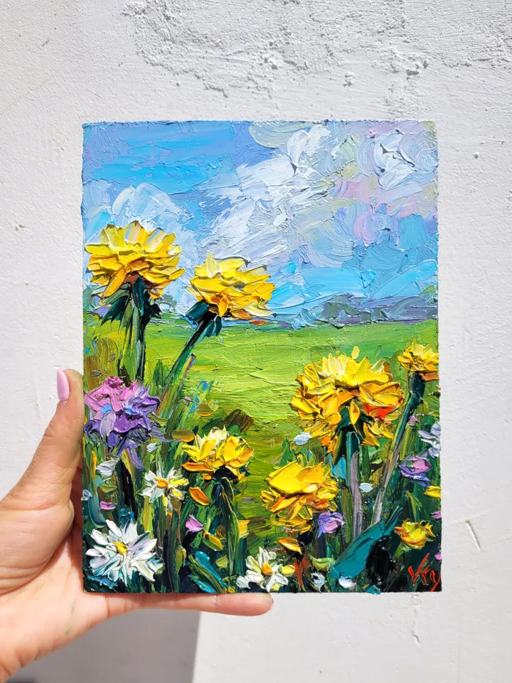 Dandelion Painting Flower Original Art Impasto Painting 6x8 Daisy Wall Art Wildflower Painting Meadow Painting Small Gift by ArtFromVictoria