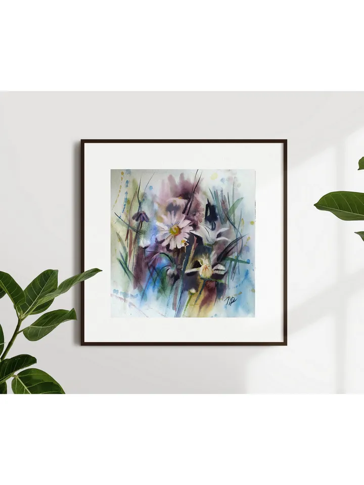 Daisy Painting Floral original art 12 by 12 White Flower watercolor square wall art aquarelle by Natalia Plotnikova