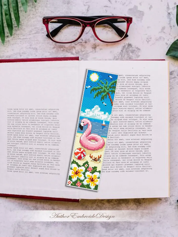 Beach bookmark cross stitch pattern PDF download Inflatable pink flamingo cross stitch, Bookmark pattern digital PDF Beach life Hawaii #B432