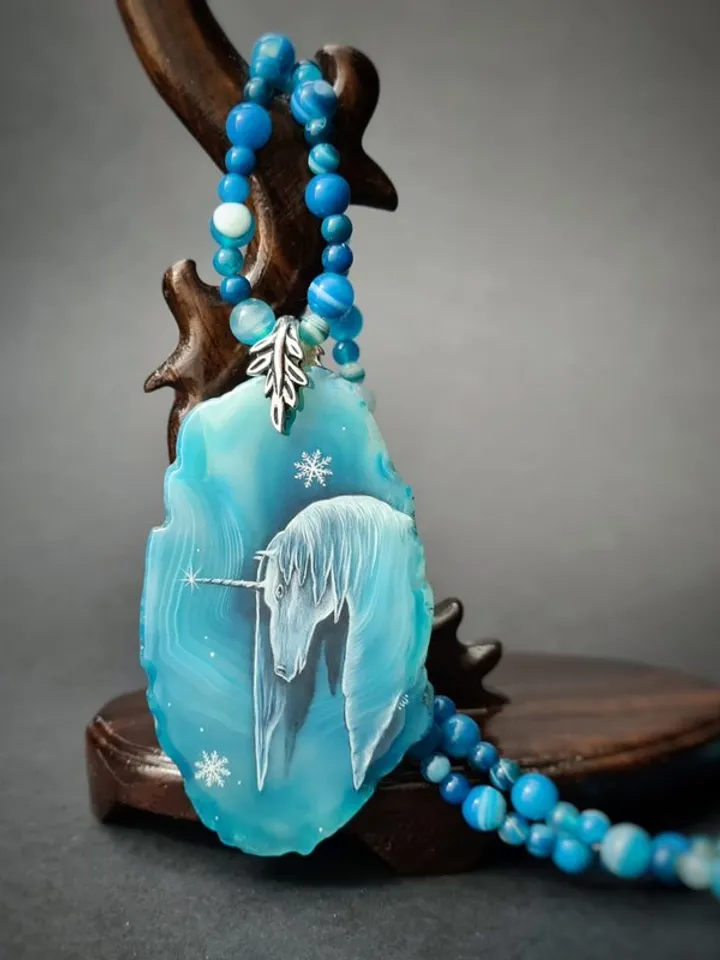 Unicorn necklace real oil painting Miniature on agate One of a kind Present OOA
