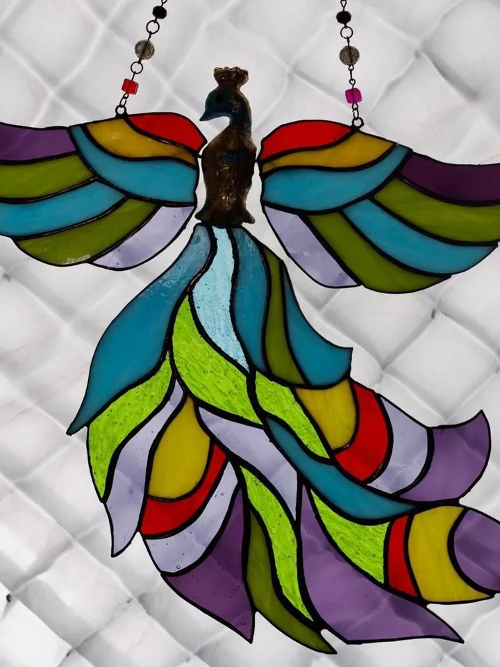 Stained Glass Art: Bird of Paradise, Stained Glass Paradise Bird, Fantasy Phoenix Stained Glass, Mystical Peacock Suncatcher, Stained Glass Firebird, Enchanted Bird of Happiness, Vibrant Stained Glass Bird, Celestial Stained Glass Bird