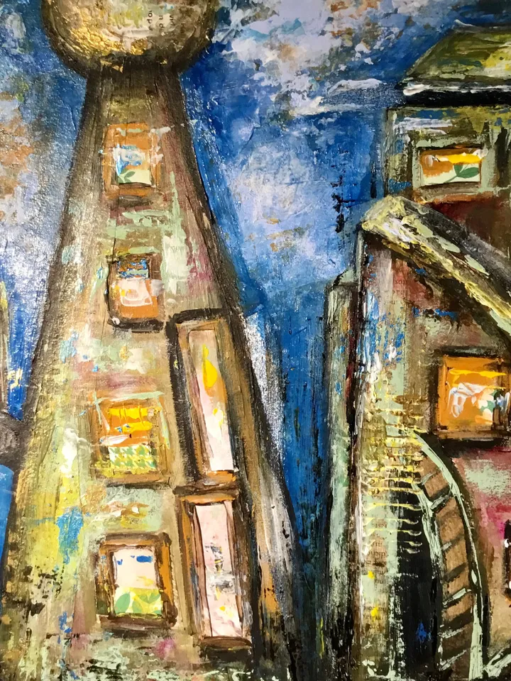 Sky town,original mix media painting on cardboard,collage and acrylic painting,fantasy cityscape,wall art.