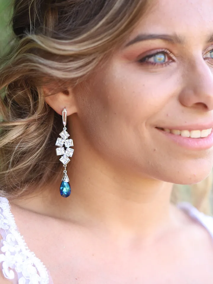 Swarovski Crystal Blue Wedding Earrings Cubic Zirconia LuxuryJewellery Bridal Jewelry Swarovski Crystal Bridal Jewellery Art Deco Earrings