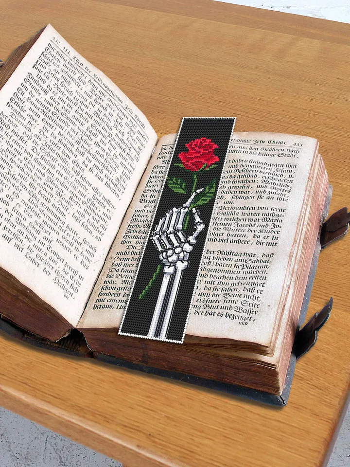 Gothic bookmark cross stitch pattern Skeleton hand cross stitch chart, Rose flower embroidery, Handmade bookmark Instant download PDF #B104