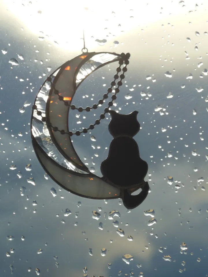 Black Cat On The Moon with Chains . Art stained glass window hanging Suncatcher . Gift for animal lover , pet loss memorial . White , black