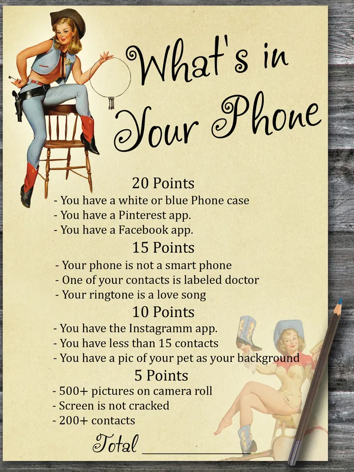 Cowboy themed What's in Your Phone Birthday Party Game,Adult Birthday party game printable-Instant download