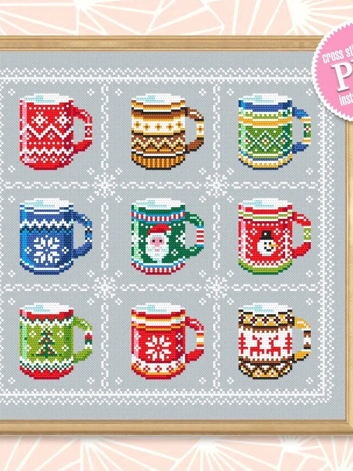 Ugly Christmas sweater mug cross stitch pattern PDF download Christmas coffee cross stitch chart, Christmas pattern digital PDF #N93