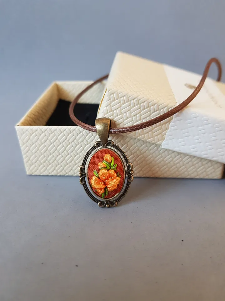 Ribbon embroidered pendant for her, yellow flower jewelry embroidery