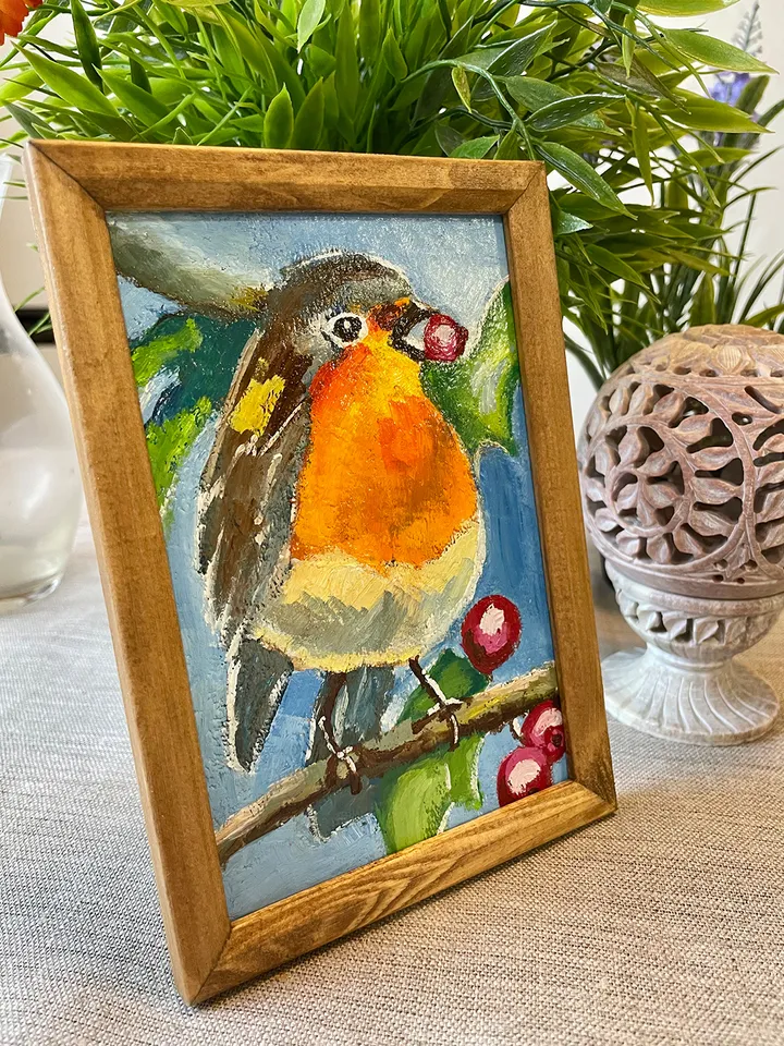 Robin bird painting, original oil painting, Framed animal art
