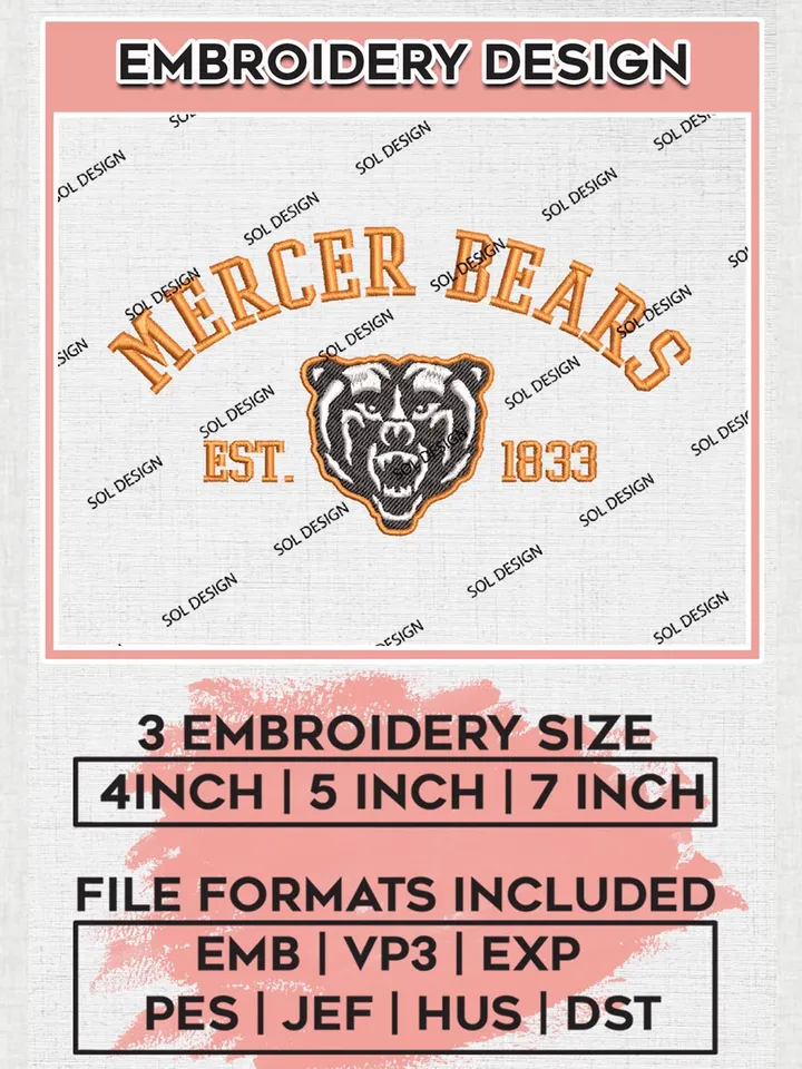 Mercer Bears Est 1833 Embroidery Designs, NCAA Mercer Bears Team Embroidery, NCAA Team Logo, 3 sizes, Machine embroidery Files, Digital Download