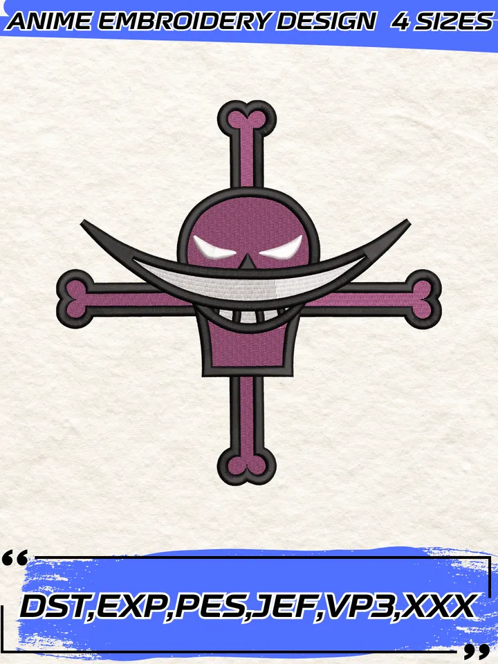Whitebeard Pirates Jolly Roger Embroidery Design,One Piece Anime Embroidery Design,4 Sizes,Instant Download