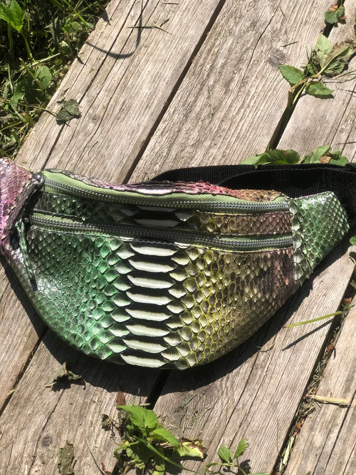 Genuine Python Skin Fanny Pack  Bronze Green Milticolor  | Leather Belt Bag| Unisex Fanny Pack | Exotic Leather Bags | Snake Print Bag
