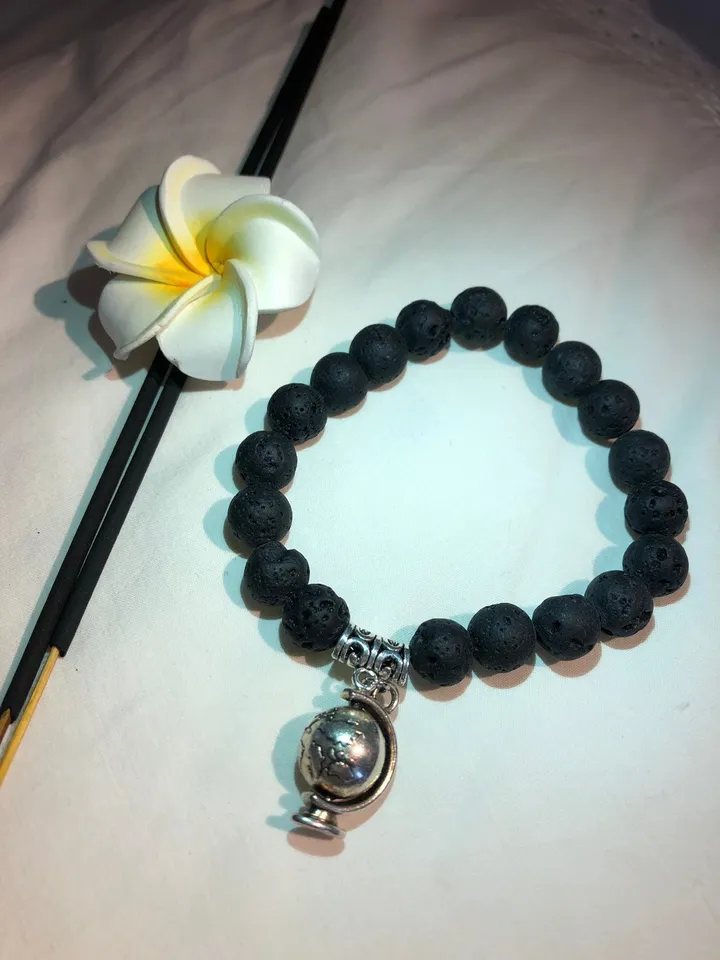 Lava Stone Globe Pendant woman handmade beaded bracelet | Gift for travellers | Spinning Pendant Jewerly | Bali Lava Jewerly Bracelet