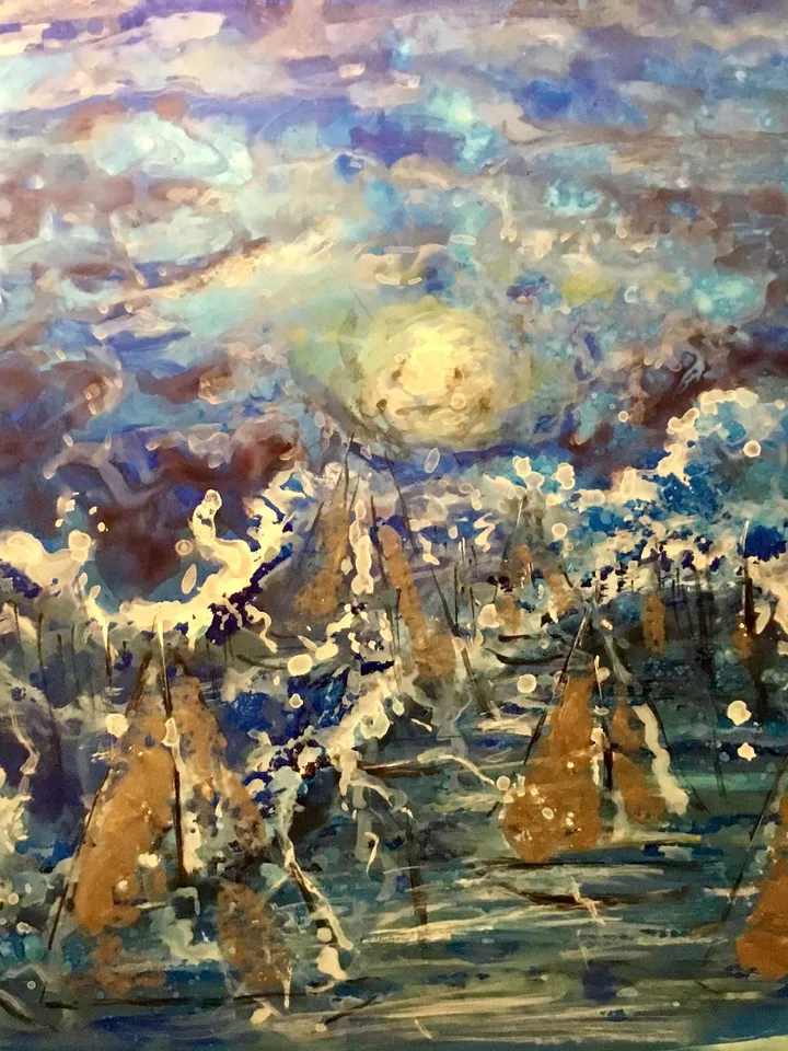 Moonlight boats,original mix media painting on yupo paper,fantasy artwork,gift,home decoration modern art