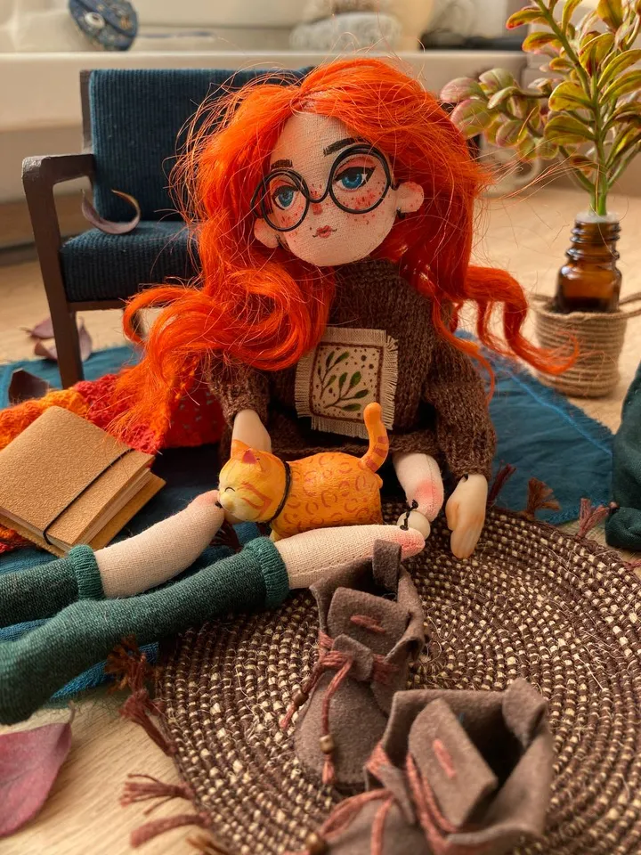 Red-haired doll with goblincore and cottagecore style with tattoos