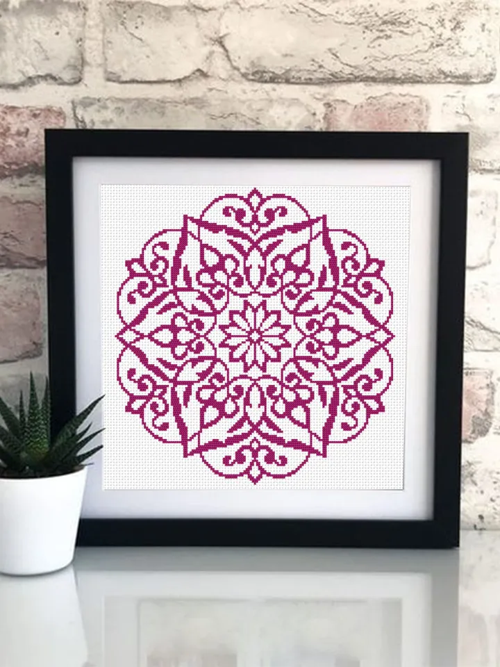 Mandala cross stitch pattern download PDF, Monochrome mandala pattern PDF, Floral ornament cross stitch chart, Easy embroidery beginner #M27