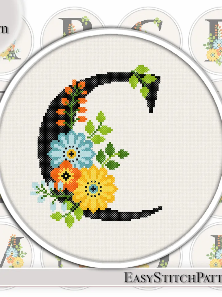Floral Letter C Initial cross stitch pattern Monogram cross stitch Wedding cross stitch