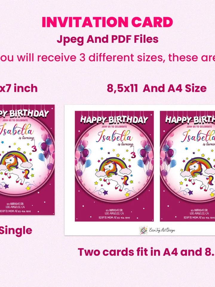 Personalized Digital Birthday Invitation, Unicorn Party Bundle, Kids Birthday Invitation Bundle, Birthday Invite Set, Unicorn Party Set