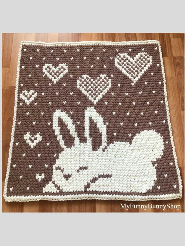 Loop yarn Finger knitted Bunny baby blanket pattern
